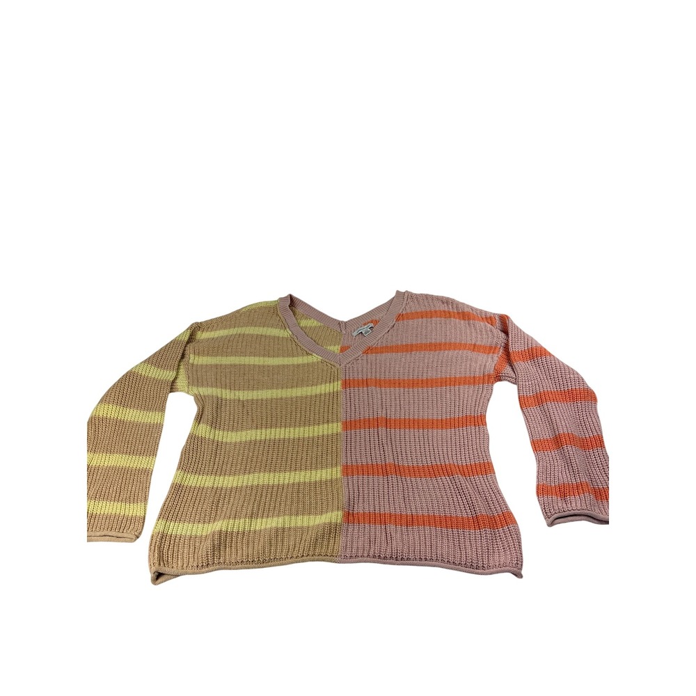 American Eagle Striped Colorblock V-Neck Sweater Womens Large Cotton Shaker Knit - Picture 1 of 6